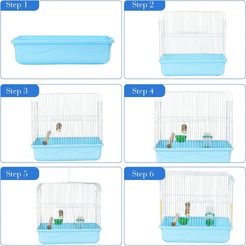 Travel Bird Cages for Cockatiels, Parrot Cage Starter Kit with Stand Accessories for Small Birds (Blue)
