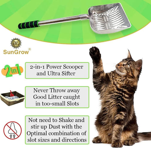 SunGrow Cat Litter Scoop, Stainless Steel Long Handle Poop Scooper for Chicken Coop, 9” Handle, 5” Wide Mouth