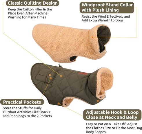 Queenmore Warm Dog Coat, Cold Weather Puffer Jacket with Ultra Thick Plush Lining (Green, Large)