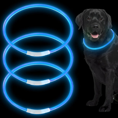 3 Pieces LED Dog Collar Light Up, Rechargeable Adjustable for Night Walking, Large Medium Small Dogs, Blue, Classic
