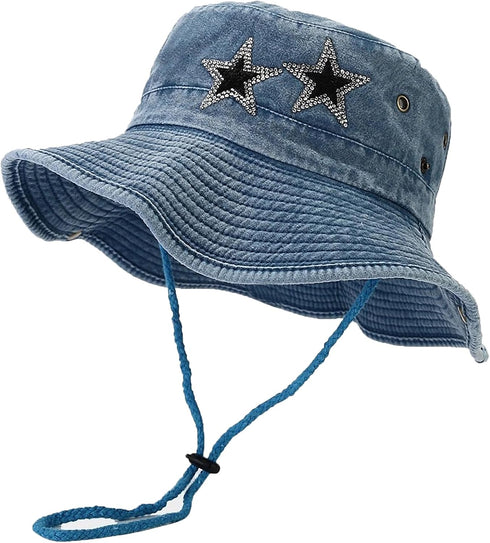 Y2K Crystal Star Washed Denim Cowboy Hat for Women, Foldable Bucket Sun Cap with String