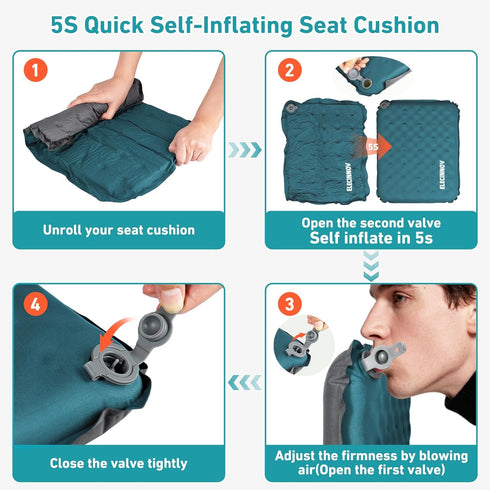Backpacking Inflatable Seat Cushion, Self Inflating Memory Foam Stadium Seat Cushion Lightweight Camping Chair Pad