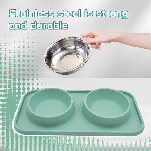 Double Dog Food Bowls Stainless Steel with Non-Skid Silicone Mat, Removable Water and Food Bowls Set