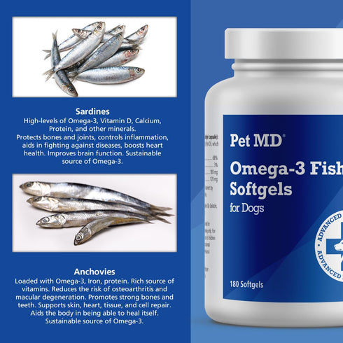 Pet MD Omega 3 Fish Oil Supplement for Dogs - 180 Softgels for Skin and Coat Support