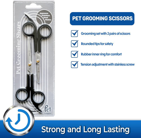 Pet Magasin Japanese Stainless Steel Grooming Scissors (2), Round Tip for Facial Hair and Body Trimming, Black