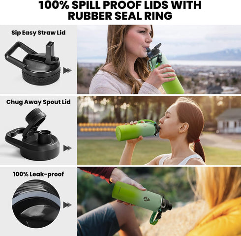Insulated Water Bottle 40 oz, Triple Wall Vacuum Stainless Steel, Leak Proof, Ombre Green with Straw Spout