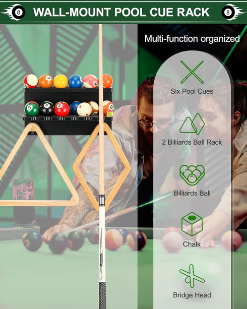 Wall Mount Billiard Balls Rack, Hardwood Billiard Balls Holder & 6 Pool Stick Holder