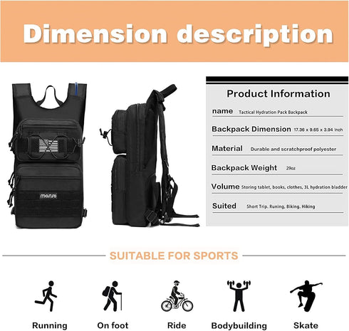 MOSISO Tactical Hydration Pack Backpack with 3L Bladder & Elastic Cord Strap for Outdoor Sports, Black