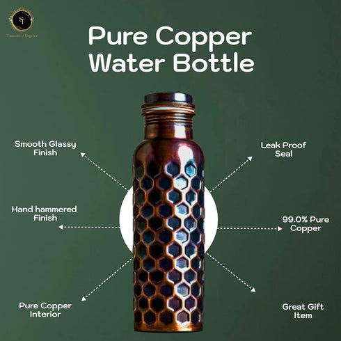 Pure Copper Water Bottle, 32oz Antique Black Diamond Ayurvedic Water Bottle with Lid for Hiking, Camping, Home, Office