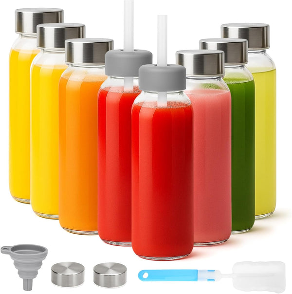 Zukro Glass Water Bottles with Lids & Straw 16 oz, 8 Pack