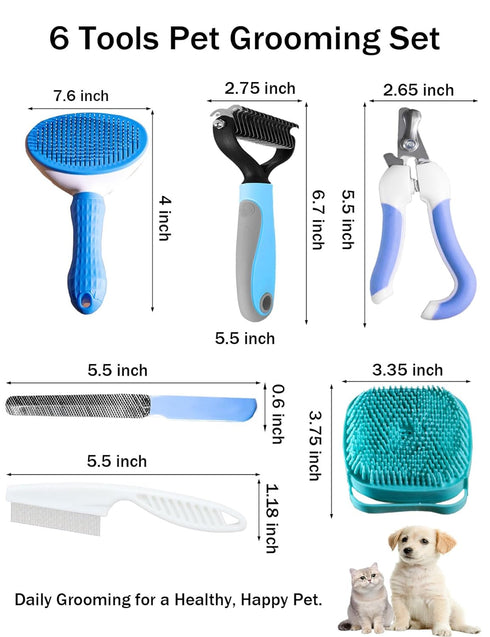6 Dog Cat Grooming Kit, Brushes, Dematting Rake and Comb, Nail Clipper, Nail File, Flea Comb (Blue Kits)