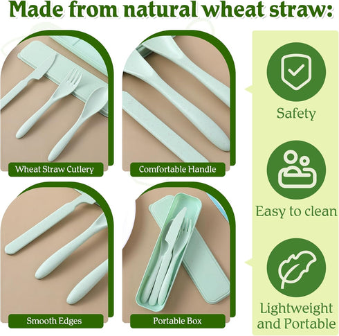 Lyksgir 32 Sets Set 8 Reusable Travel Utensils with Case, Portable Natural Wheat Straw Fork Spoons Knife Camping