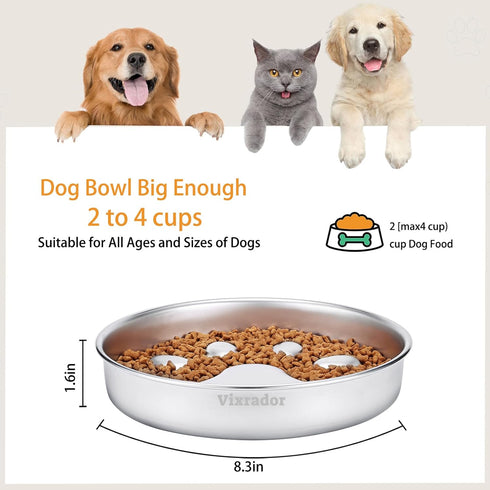 Slow Feeder Dog Bowls, 2 Cups Stainless Steel Non-Slip Bowl, Slow Feeder for Small & Medium Sized Dogs