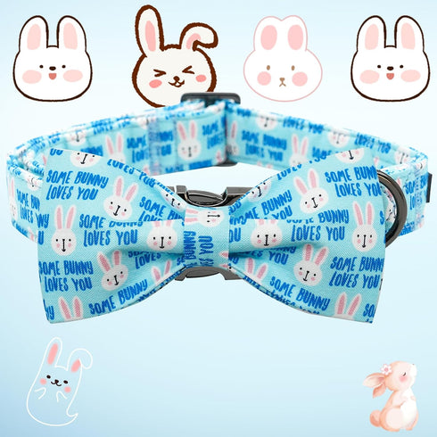 Dog Collar, Easter Day Adjustable Collar with Bunny Print Bowtie for Medium Small Large Dogs, Cute Gift