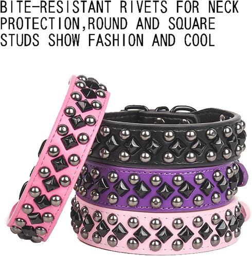 Spiked Studded Dog Collar, Soft PU Leather Squared Spike Adjustable for Small Medium Large Dogs