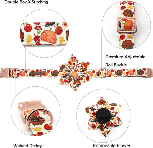 Lionheart glory Turkey Dog Collar with Flower, Flower Dog Collar Thanksgiving Pet Collar for Small Dog Girl or Boy Dog Collar Pet Gift