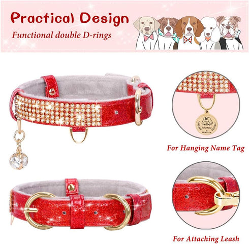 PetsHome Adjustable Cat and Dog Collar, Bling Rhinestones, Premium PU Leather with Pendant, Medium Red