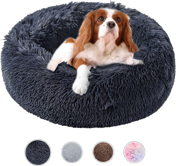 Calming Dog Beds for Small Medium Dogs, Round Donut Washable Dog Bed, Anti-Slip Faux Fur Fluffy Cuddler Anxiety Cat Bed