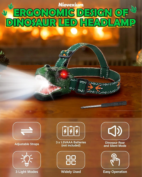 Niovexium 3 4 5 6 7 8 9 LED Dinosaur Headlamp for Kids, Children's Toy Flashlight T-Rex Dinosaur Toys for Age Years Old