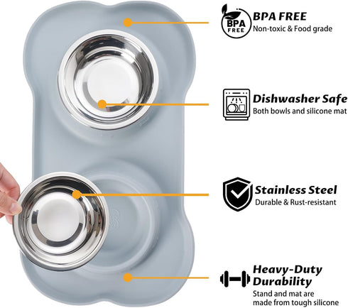 Hubulk Pet Dog Bowls 2 Stainless Steel with No Spill Non-Skid Silicone Mat + Pet Food Scoop Water and Food Feeder Bowls for Feeding Small Medium Large Dogs Cats Puppies ( Gray)