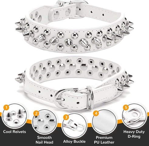 Spiked Dog Collar - White Soft PU Leather with Funny Mushrooms, Rivet Spike Studded Adjustable Collar for Dogs
