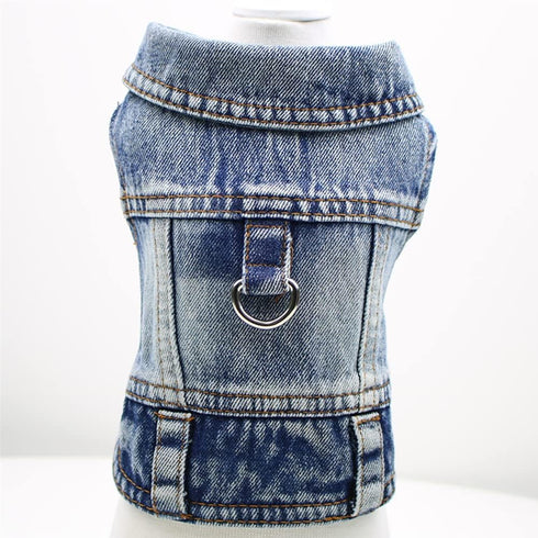Dog Jeans Jacket, Cool Blue Denim Coat for Small Medium Dogs, Comfort Lapel Harness Vest with D-Ring for Leash
