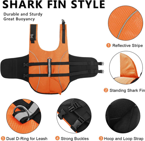 Ripstop Dog Life Jacket Shark Life Vest for Dogs, Safety Lifesaver with High Buoyancy for Small and Medium Breeds
