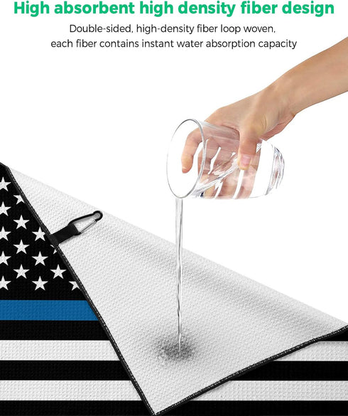 Golf Towel 24"x16" Blue White American Police Flag, Absorbent Microfiber, Honoring Law Enforcement Officers