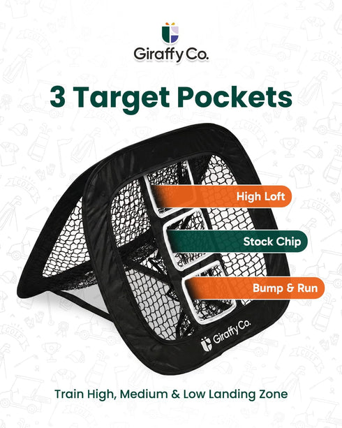 Giraffy Co. Set 3-Target Golf Chipping Net with Mat & Practice Balls - Pop-Up Chipping Net, Scoring Board, Tee & Carry