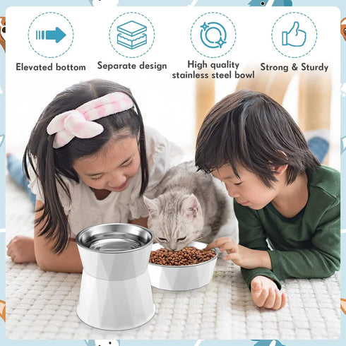 2 Pcs Adjustable Elevated Cat Bowls: Non-Slip Stainless Steel Feeder with Stand for Safe Pet Food and Water, White