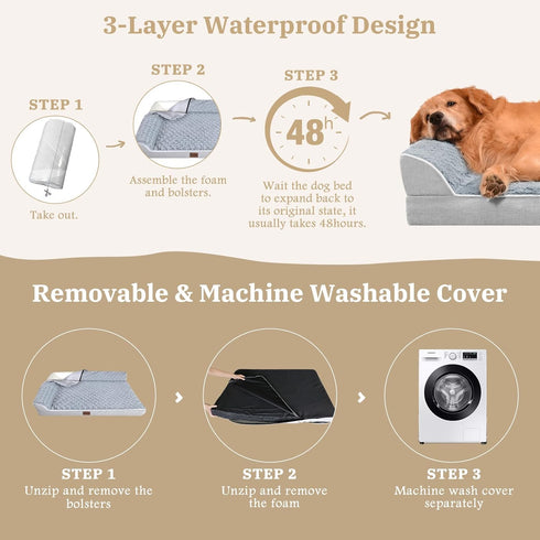 Orthopedic Dog Bed for Large Dogs, Waterproof Bed with Bolsters, Removable Washable Cover & Non-Skid Bottom (Large,