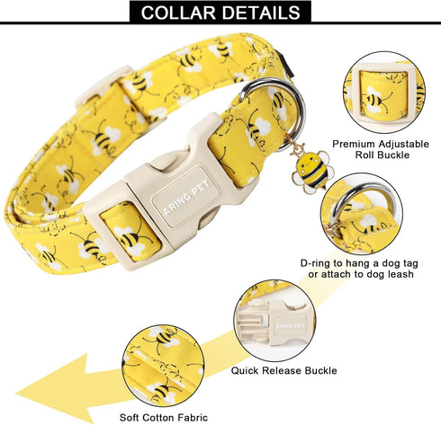 ARING PET Bees Dog Collar, Cute Adjustable Yellow Bees Print Pet Collars for Small Medium Large Dogs