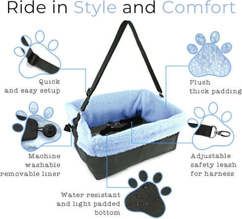 Dog Car Seat for Small Dogs - Blue Booster Seat, Washable, Adjustable, Collapsible Pet Travel Carrier Bed