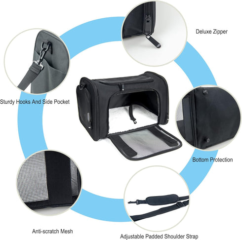 Soft Sided Carrier for Small Medium Cats Dogs, Large Black, Removable Pad Collapsible Travel