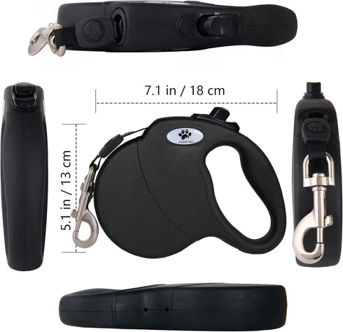 16 ft Retractable Dog Leash for Large Dogs up to 110 lbs; Tangle-Free Nylon Tape, Black