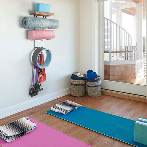 Yoga Mat Holder Accessories, Wall Mount Organizer with 4 Hooks, Storage Rack for Foam Roller, Towel, Yoga Mats