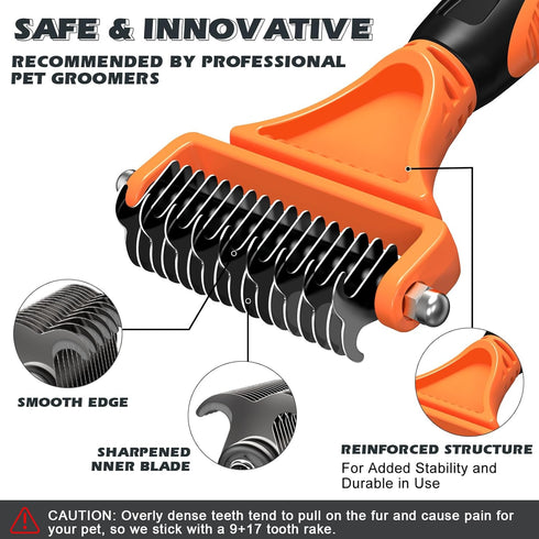 UGNEL 3PCS Pet Grooming Rake & Metal Comb & Flea Comb for Cats and Dogs, Double-Sided Dematting Tool, Extra-Wide