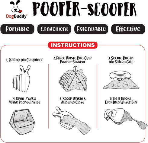 DogBuddy Portable Pooper Scooper for Small and Large Dogs, Includes Bag Attachment, Leash Clip, Waste Bags