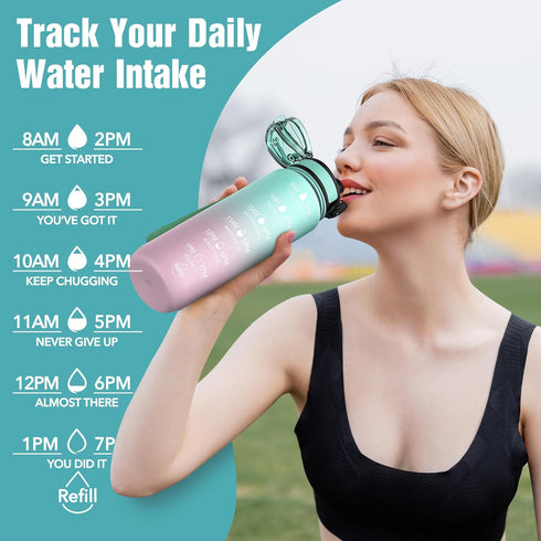 OLDLEY Water Bottles, 32oz - Motivational Sports Water Bottle with Time Marker, Tritan, BPA Free, Wide Mouth, Bubble Gum