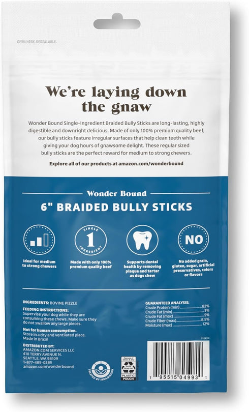 6 inch, 3 Count Amazon Brand - Wonder Bound Braided Bully Sticks, All-Natural, Highly Digestible, Long Lasting Dog Beef