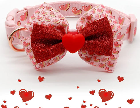 azuza Valentine's Day Dog Collar - Removable Bowtie with Pink Sparkly Hearts Pattern for Small Dogs