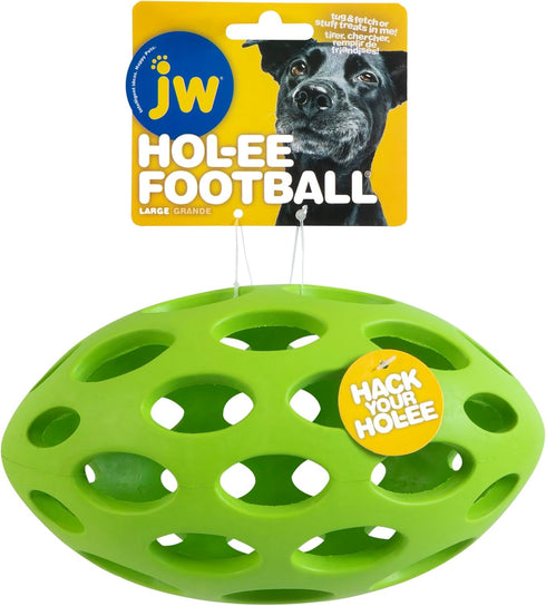 (9 Inch JW Pet Hol-ee Football Dog Toy Puzzle Ball, Natural Rubber, Large Length), Colors May Vary