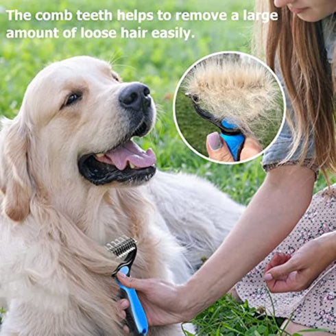 Dog Brush for Shedding - 2 Sided Deshedding Comb for Short & Long Haired Dogs, Cats & Pets - Blue