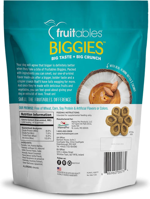Fruitables Biggies Dog Biscuits – Crunchy Dog Biscuits Made with Pumpkin – Healthy Dog Treats Packed with Real Fruit Flavor – Free of Wheat, Corn and Soy – Almond Butter & Coconut – 16 oz