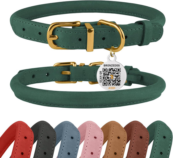 BRONZEDOG Rolled Leather Dog Collar with QR ID Tag, Adjustable Soft Round Collars for Small Medium Large Dogs (16" -