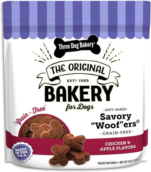 Three Dog Bakery Soft Baked Meaty Woofers, Chicken and Apple Flavor, Premium Dog Treats, Brown, 25 oz.