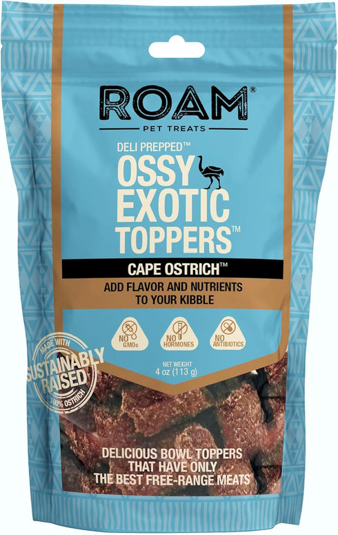 ROAM Ossy Exotic Dog Topper, Sustainably Raised Ostrich Meat, Non-GMO Dog Treats, 4 Ounce