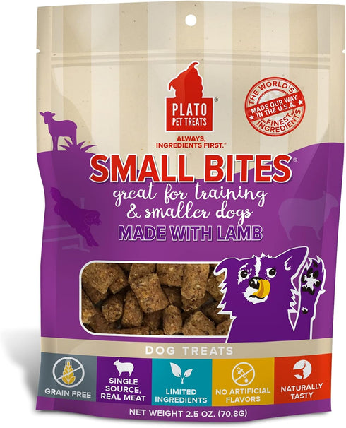 PLATO Pet Treats Air Dried Small Bites Dog Treats, Natural Real Meat & Lamb, 2.5oz, Grain Free & High Protein