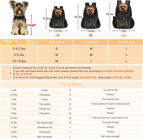 WOYYHO Pet Dog Carrier Backpack, Ventilated Mesh Front Backpack for Small Dogs, Safety Belt for Travel & Hiking (M,