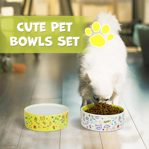 Cute Small Dog Bowl Set, Ceramic Water Bowl and Food Bowl for Small Pets, Heavy Cat Bowls, Dishwasher Safe, Gifts for Dog Cat Lovers, Green&White